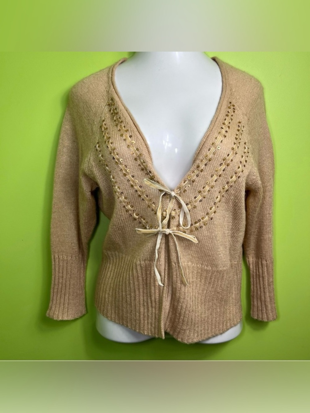 VTG Y2K Tan Mohair Blend Cardigan Tie Front Knit Sweater Sequins Boho size XL